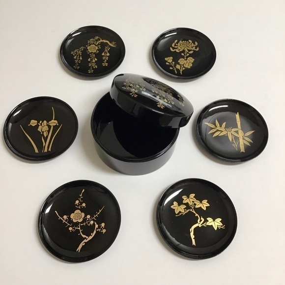Vintage Japanese Black Lacquerware Box 6 Round Coasters Bamboo Cherry Blossom - Picture 4 of 12